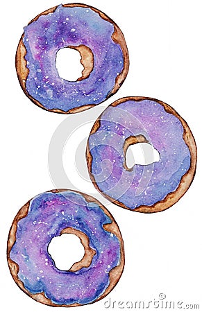 Watercolor drawing donuts in glaze Cartoon Illustration