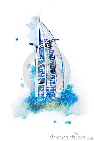 Watercolor drawing of Dubai hotel. Burj Al Arab aquarelle painting Stock Photo