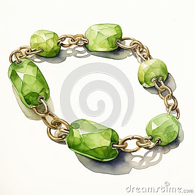 Green Bracelet With Gold Chain Watercolor Drawing Stock Photo