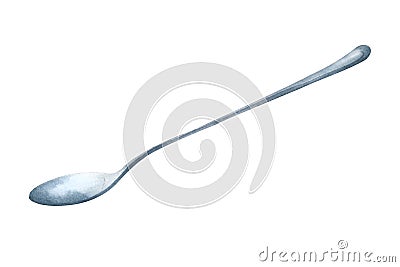 Watercolor drawing by hand, a spoon with a long handle, metal. Isolated elements. Design for postcards, packaging Stock Photo