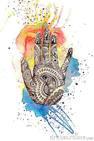 A watercolor drawing of a human hand, palms with a mehendi knot, an Indian pattern, with bright paint divorces and splashes on the Vector Illustration