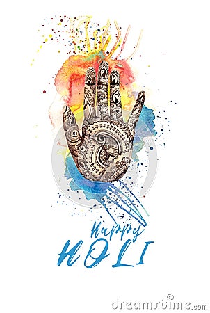 A watercolor drawing of a human hand, palms with a mehendi knot, an Indian pattern, with bright paint divorces and splashes on the Vector Illustration