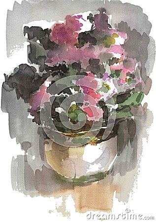 Watercolor drawing, illustration. Home flowers in a pot. Cartoon Illustration
