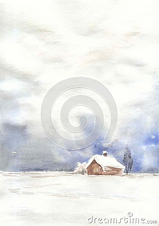 Watercolor drawing, illustration. Romance of countryside life in winter. Cartoon Illustration