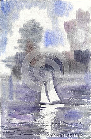 Watercolor drawing, illustration. Seascape with a sailboat. Cartoon Illustration