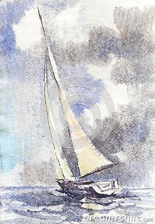 Watercolor drawing, illustration. Seascape with a sailboat. Cartoon Illustration