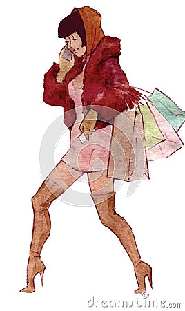 Woman is shopping and talking phone Cartoon Illustration