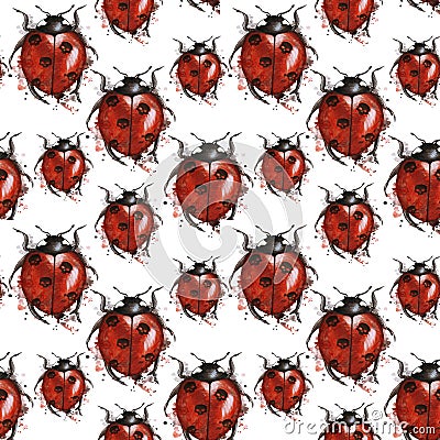 Watercolor drawing of an insect ladybird in a heluin theme with black skulls on the back with splashes on a white background, horr Vector Illustration