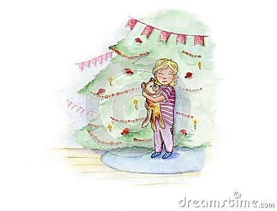 Watercolor drawing with a little girl in a striped T-shirt hugging a dog near the New Year tree Stock Photo