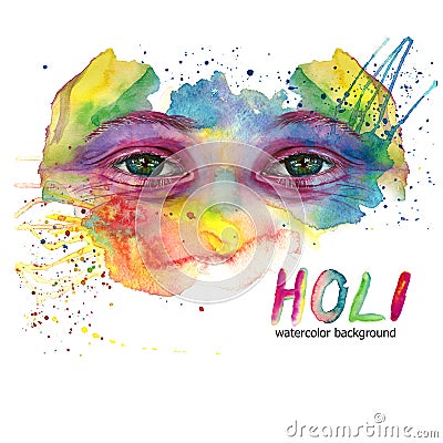 Watercolor drawing of a man`s head is dirty in paint, multi-colored face, portrait, opened eye, glare on iris of the eye, on holid Vector Illustration