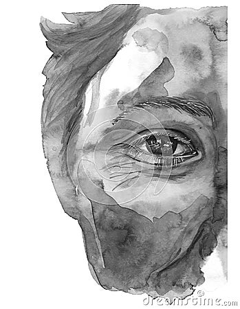 Watercolor drawing of a man`s head is dirty in paint, multi-colored face, portrait, opened eye, glare on iris of the eye, on holid Stock Photo