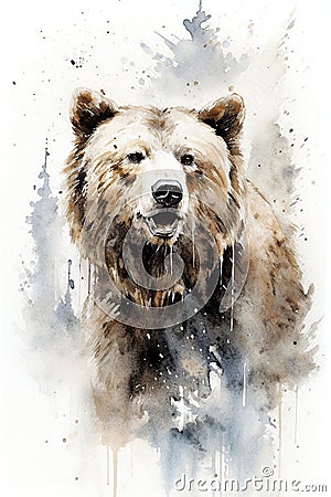 Watercolor drawing of a mountain grizzly bear in the background of the forest and on a white background Stock Photo