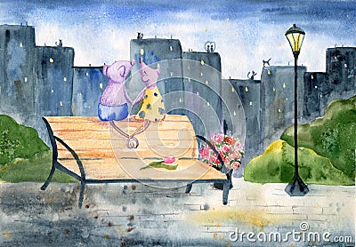 Watercolor drawing mouse on a bench in the city under a lantern Stock Photo