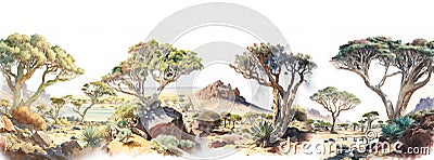 Watercolor drawing of the natural landscape of Socotra Island with rare trees mountains and valleys Stock Photo