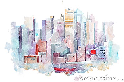 Watercolor drawing of New York cityscape, USA. Manhattan aquarelle painting Stock Photo