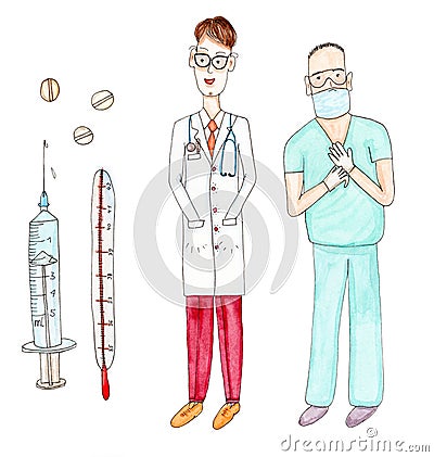 Watercolor drawing paining portrait of doctor and surgeon, set Stock Photo