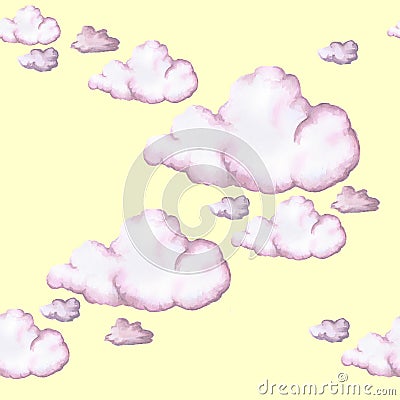 Watercolor drawing, pink clouds, seamless pattern, background, large objects Stock Photo