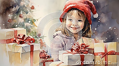 Watercolor drawing in retro style in which a little girl in a light sweater and a red hat sits among christmas gifts Cartoon Illustration