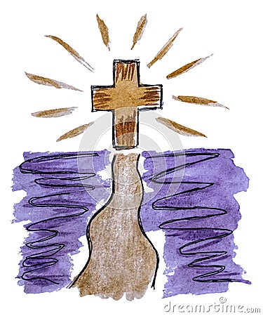 Watercolor drawing Road to Faith in purple and gold colors. Illustration of a glowing christian cross at the end of the path, Stock Photo