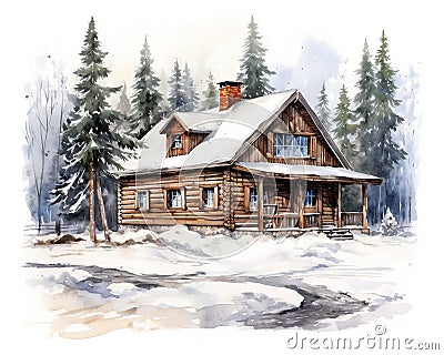 watercolor drawing of a rustic country house. Stock Photo