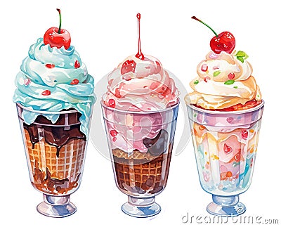 set of ice creams in cups with whipped cream and cherries. in vintage style, retro. cafe decoration Stock Photo