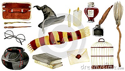 Watercolor drawing. a set of magical, witchcraft things. school of witchcraft and magic wizard. cute drawing for kids Stock Photo