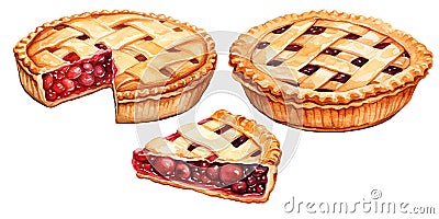 set of a piece of cherry pie. classic berry pie, illustration in vintage style. clipart Cartoon Illustration