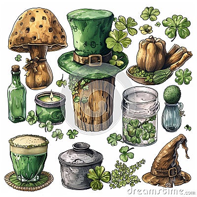 A watercolor drawing showcasing various symbols of St. Patricks Day, shamrocks, leprechauns, rainbows, pots of gold Stock Photo