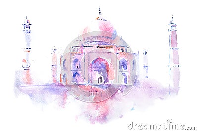 Watercolor drawing of Taj Mahal in Agra, India Stock Photo