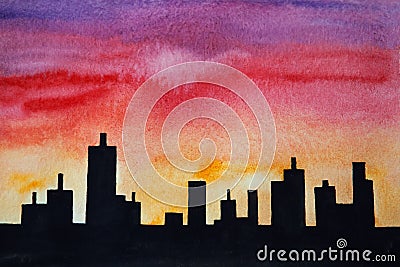 Watercolor drawing of town roof and colorful sunset. Illustration of black buildings silhouettes and multicolored sky Stock Photo