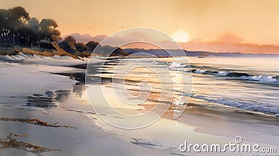 watercolor drawing wallpaper of a landscape the serene shoreline with delicate waves gently sunset over Stock Photo