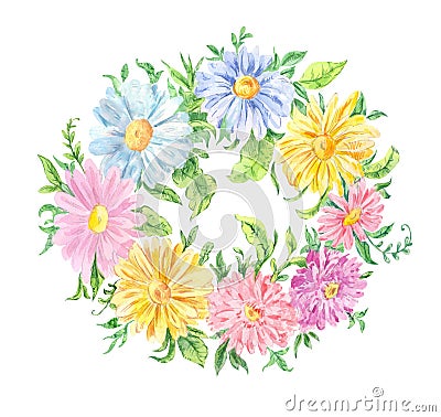 Watercolor drawing. Wreath of pink, blue and yellow flowers Stock Photo