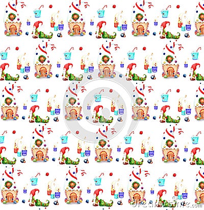 Watercolor drawings, Christmas illustrations, gingerbread house pattern, gnome with a Christmas tree and candles Cartoon Illustration