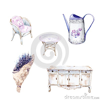 Watercolor drawings in Provence style. bouquet, jug, vase, chair, table, chest of drawers Stock Photo