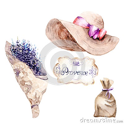 Watercolor drawings in Provence style: hat, bouquet, lavender pouch Stock Photo