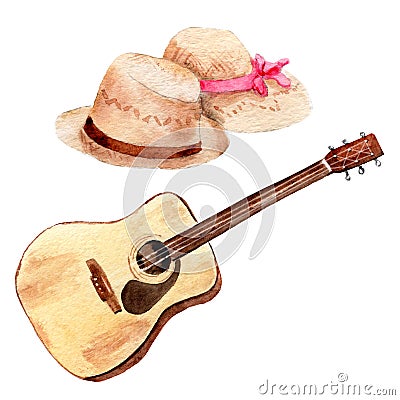 Watercolor drawings on the theme of a picnic: guitar, hats, set Stock Photo