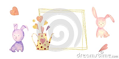 Watercolor drawn set with elements of happy easter. Frame, rabbit, eggs, isolated on white. for greeting card or logo Stock Photo