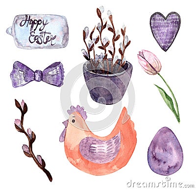 Watercolor drawn set with elements of happy easter, spring Stock Photo