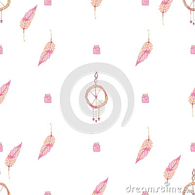 Watercolor dreamcatcher with beads and feathers. Seamless pattern. Stock Photo