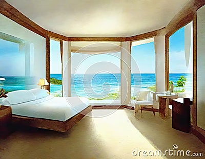 Watercolor of Dreamlike bedroom with stunning ocean Stock Photo