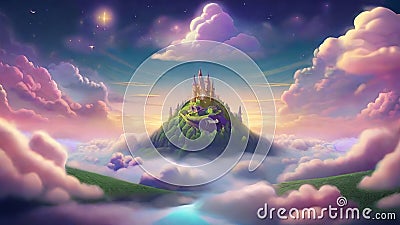 Fantasy castle in the mountains. Watercolor painting. AI generated Stock Photo