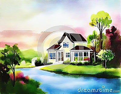 Watercolor of Dreamy landscape of a designer Stock Photo