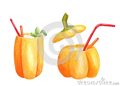 Watercolor drinks in pumpkin jars. Autumn seasonal cocktails with swizzle sticks. Hand drawn illustration isolated on Cartoon Illustration