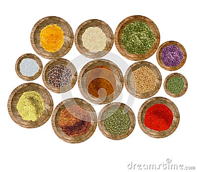 Watercolor dry kitchen spices in wooden bowl: pepper, chili, curcuma, ginger, cardamom, nutmeg Cartoon Illustration