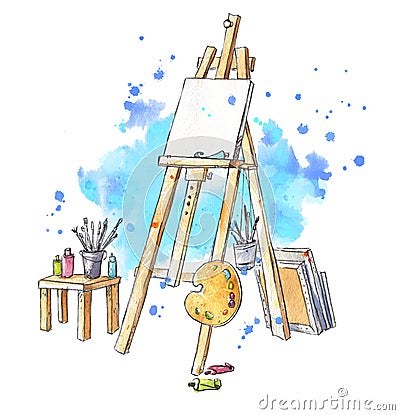 Watercolor easel at the studio, artist`s workplace Stock Photo