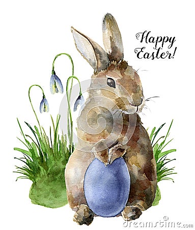 Watercolor Easter card with bunny, snowdrops and colored egg. Hand painted print with traditional symbols isolated on Cartoon Illustration