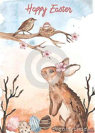 Watercolor easter card Happy easter with rabbit, nightingale, eggs on watercolor background Stock Photo