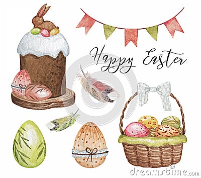 Watercolor Easter clipart, Easter cake isolated, Sweet Cake, Digital Easter eggs, Watercolor sweets set, Easter Basket of eggs Cartoon Illustration