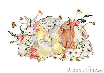 Watercolor Easter composition lamb, bunny, ducklings, chicken decorated with flowers Cartoon Illustration