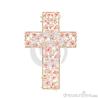 Watercolor Easter Cross Clipart, Spring Coral Floral Arrangements, Baptism Crosses DIY Invitation, Greenery Easter clipart, Holy Stock Photo